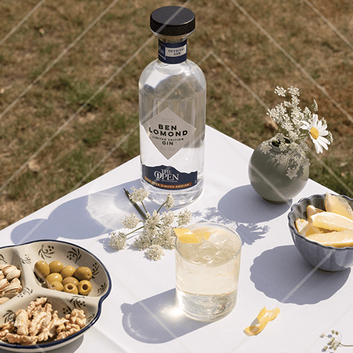Clear gin cocktail with lemon on a white table beside snacks, flowers, and a Ben Lomond gin bottle in bright sunshine.