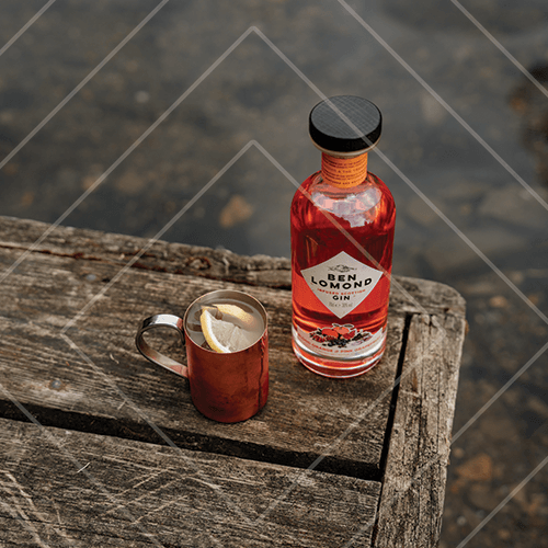 Bottle of pink Ben Lomond gin and a copper mug with a lemon wedge resting on a weathered wooden dock by the water.