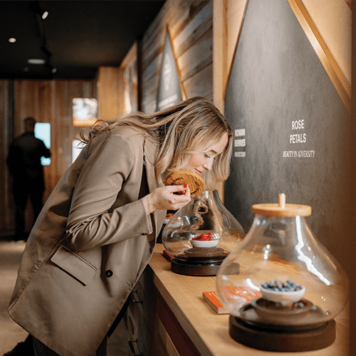 Woman examining a display of rose petals in a glass container in the discovery centre.