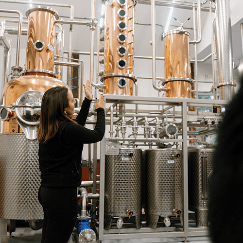 Person working with copper stills in a gin distillery setting